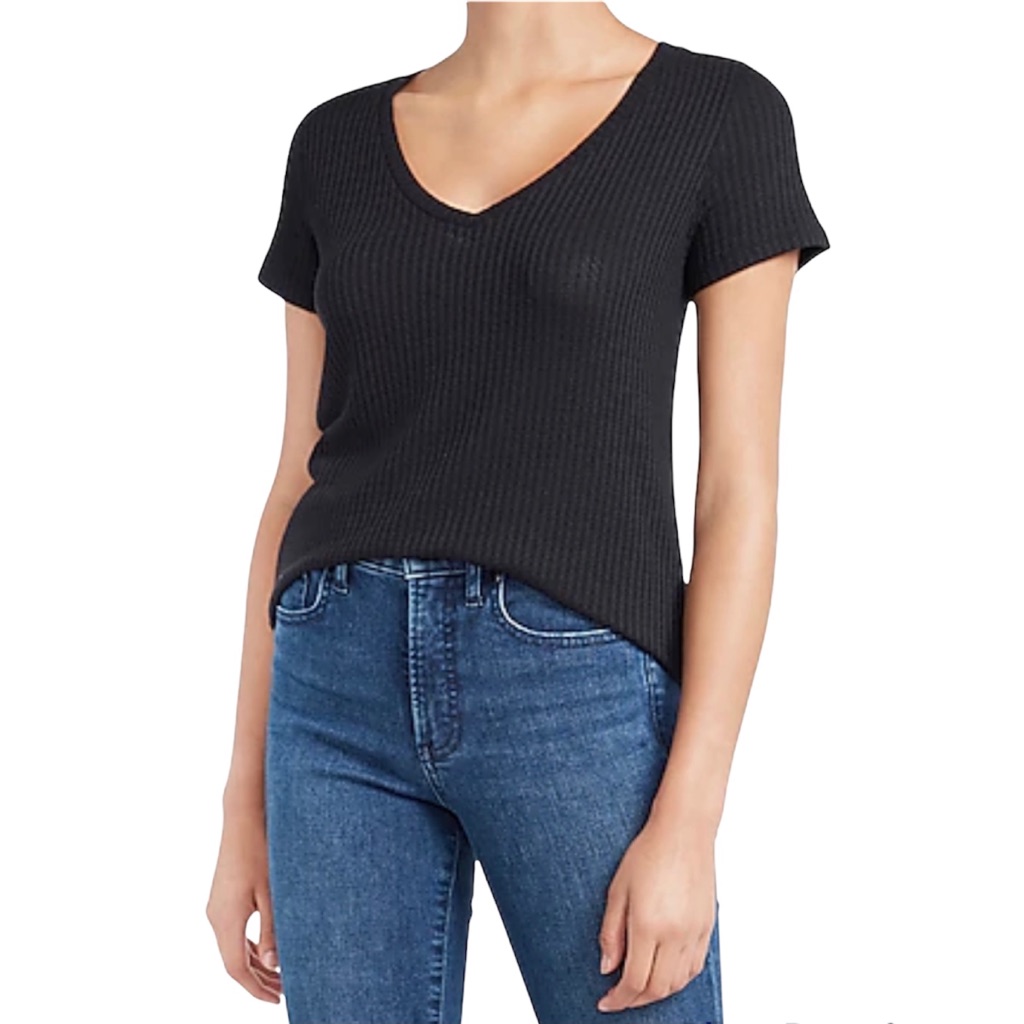 Express Black Waffle Knit V-Neck Easy Tee